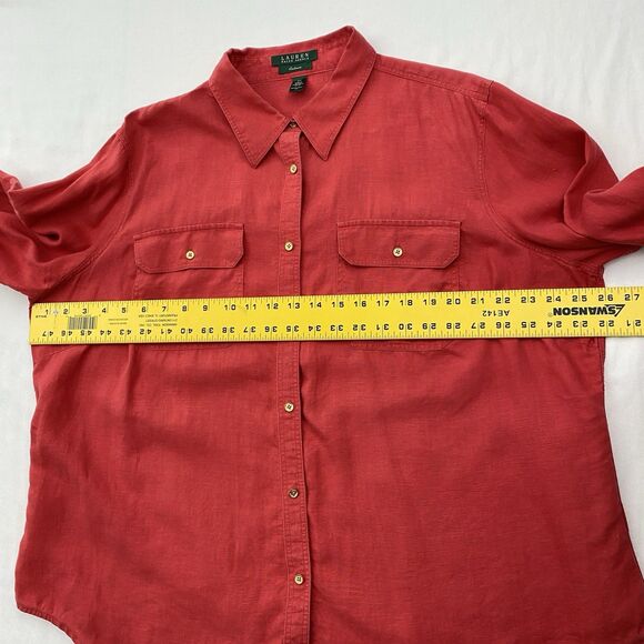 Lauren Ralph Lauren Top Womens 2X Red Linen Button Up Long Sleeve Roll Tab Blous - Picture 5 of 8